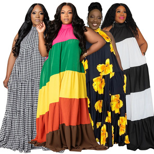 N8023 Vêtements pour femmes de grande taille, surpiqûres de couleur contrastée, longue et grande robe évasée - Product Image 1