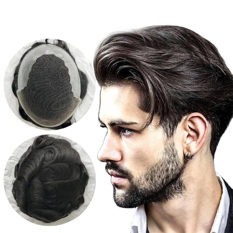 Venta al por mayor 100% India cabello humano 1B línea de cabello natural negro sistema de reemplazo HD Q6 Base encaje frontal hombre pelucas pelo tupé para hombres