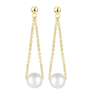 Showfay jewelry custom long stainless steel tassel earrings 18K gold plated thin chain pearl dangle drop earrings