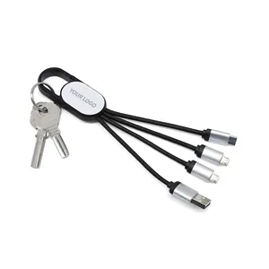 Cable USB 4 en 1 Cable de carga rápida con logotipo iluminado con gancho Cable 4 en 1 con clip de mosquetón con logotipo LED