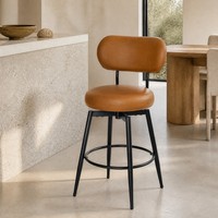 Chaise de bar pivotante en cuir tanné avec dossier incurvé, assise rembourrée, structure en métal noir, repose-pieds annulaire, mobilier d'hôtel rembourré