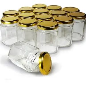 6oz 육각형 명확한 유리제 꿀 잼 향미료 단지 까만 황금 금속 나사 뚜껑