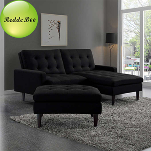 Set Divano Salvaspazio in Tessuto Nero con Chaise Longue e Pouf, Arredamento Compatto per Soggiorno/Camera da Letto/Hotel/Appartamento - Product Image 6