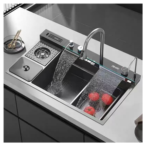 Nuevo Diseño de <span class=keywords><strong>Tiktok</strong></span>, Grifo Cascada de <span class=keywords><strong>40</strong></span> Pulgadas, Fregadero de Cocina de Acero Inoxidable con Dos Cubetas, Diseño Biónico de Panal de Abeja, Color Negro - Product Image 6