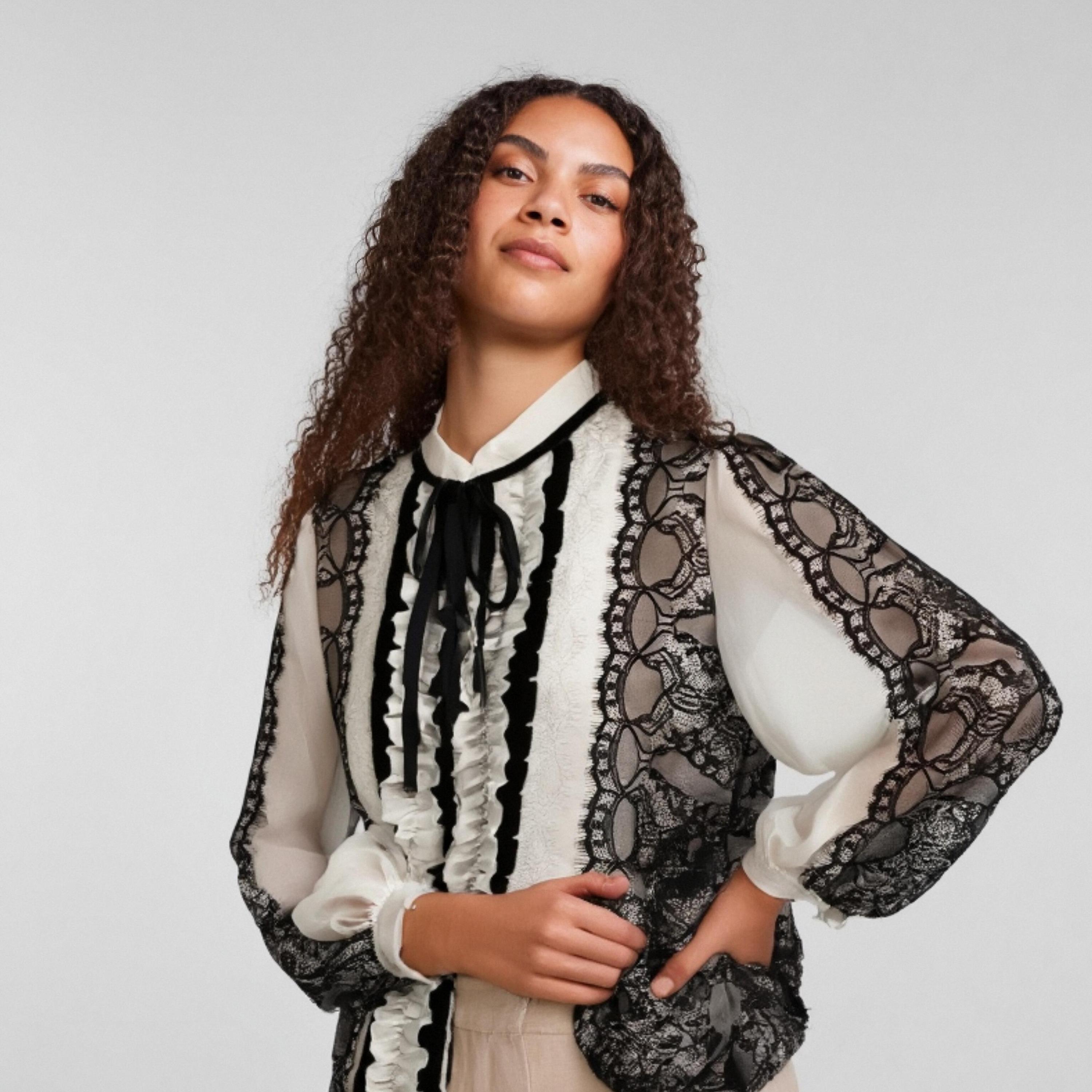 Vintage French Style Bow Tie Blouse Long-Sleeve Victorian Tops 