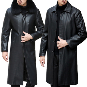 OEM <b>Men's</b> Long Faux Leather Trench Coat <b>Winter</b> Fleece Lined Single Breasted Button <b>Overcoat</b> Custom - Product Image 2