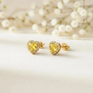 Handcrafted Lemon Quartz Heart <b>Stud</b> <b>Earrings</b> With CZ Halo Natural Yellow Gemstone In 925 Sterling <b>Silver</b> Or 18K Gold Filled - Product Image 1