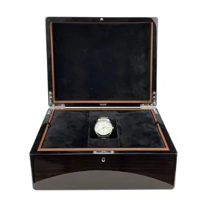 Travesseiro de veludo marrom macio com acabamento em madeira e laca de luxo, caixa de presente para relógio único, logotipo personalizado, mais barato de fábrica