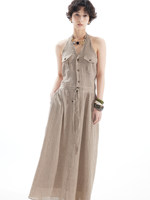 Robe d'été vintage en coton et lin, col en V boutonné, style décontracté, taille froncée