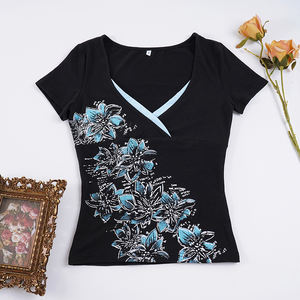 Camiseta de Mujer con Estampado Floral, Cuello en V, Corte Ajustado, Manga Corta, Estilo Cruzado, Y2K, Informal, Verano, Moda 2026, Nuevo Estilo - Product Image 6
