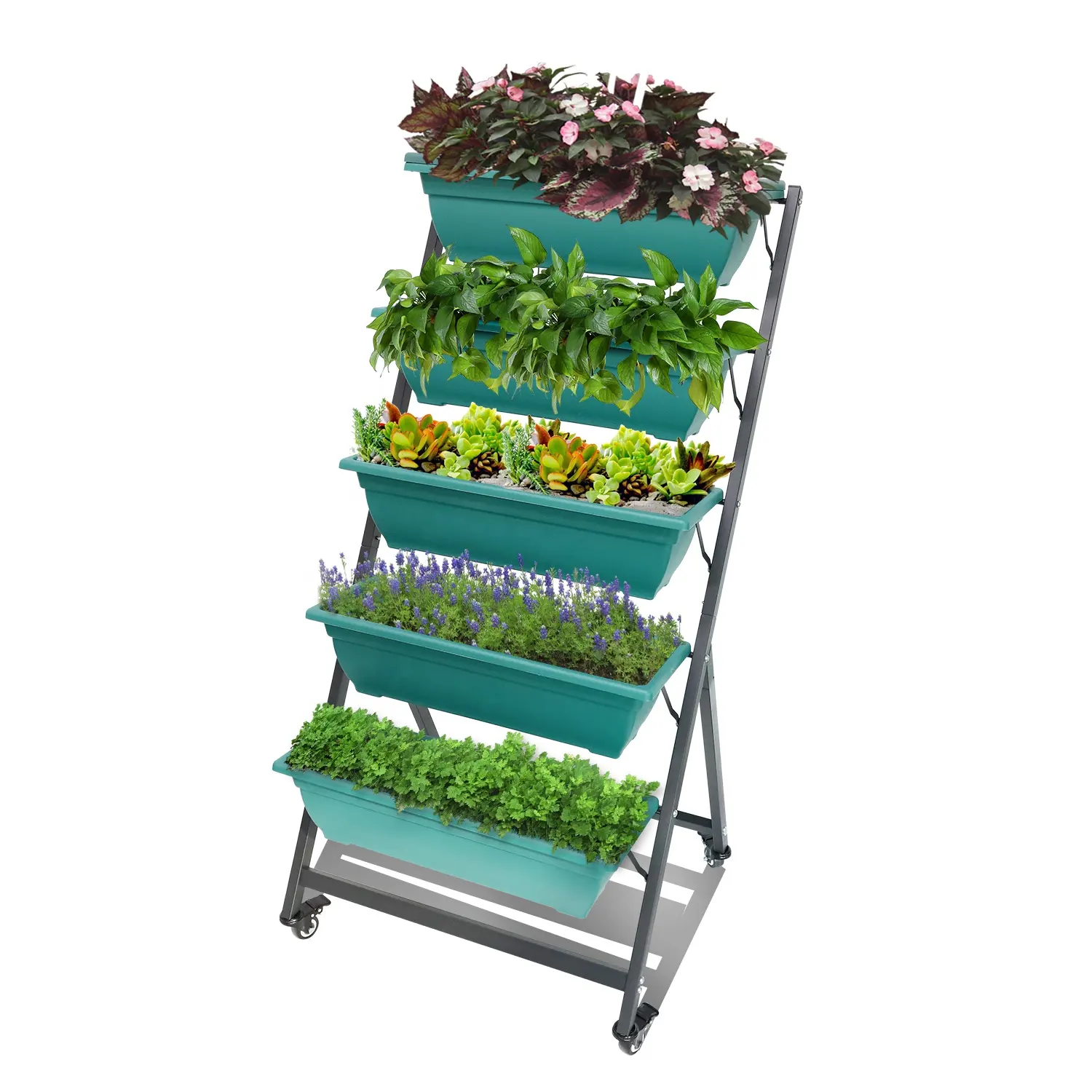 BSCI produsen dapat berdiri bebas, kotak penanam logam tempat tidur mengangkat Poppy taman vertikal 3 4 5 6 kaki dengan 5 pot dan roda