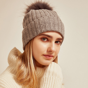Inner Mongolian 100% <strong>Cashmere</strong> Hat <strong>Women</strong> <strong>Beanie</strong> With Fur Ball Pom - Product Image 3