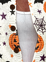 Cardigan tricoté pour femme avec imprimé citrouille d'Halloween, personnalisé par transfert thermique, idéal pour un usage quotidien décontracté ou festif