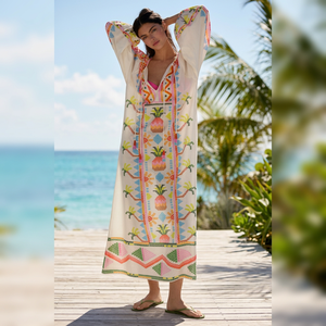Vestido Maxi Boho Bordado Ecológico y Transpirable para Mujer, Vestido de Verano con Mangas Abullonadas, Estampado Tropical, Corte Holgado, Casual de Playa, Cuello en V - Product Image 4