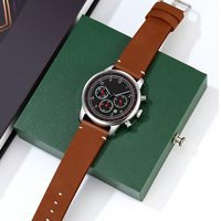 Montre à quartz simple pour homme UMS en acier inoxydable, bracelet en cuir rond de 42 mm, chiffres arabes, trois aiguilles, six aiguilles, multifonction