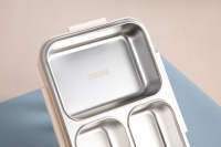 Boîte à bento 3 compartiments en acier inoxydable 304, étanche avec boucle en silicone et couvercle transparent, boîte à lunch portable pour étudiants et employés de bureau