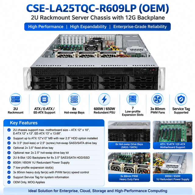 Supermicro CSE-LA25TQC-R609LP 2U Rack Server Chassis 8-Bay SAS SATA Hot Swap 3x80mm Fans 600W 650W Redundant Power Supply OEM 2U