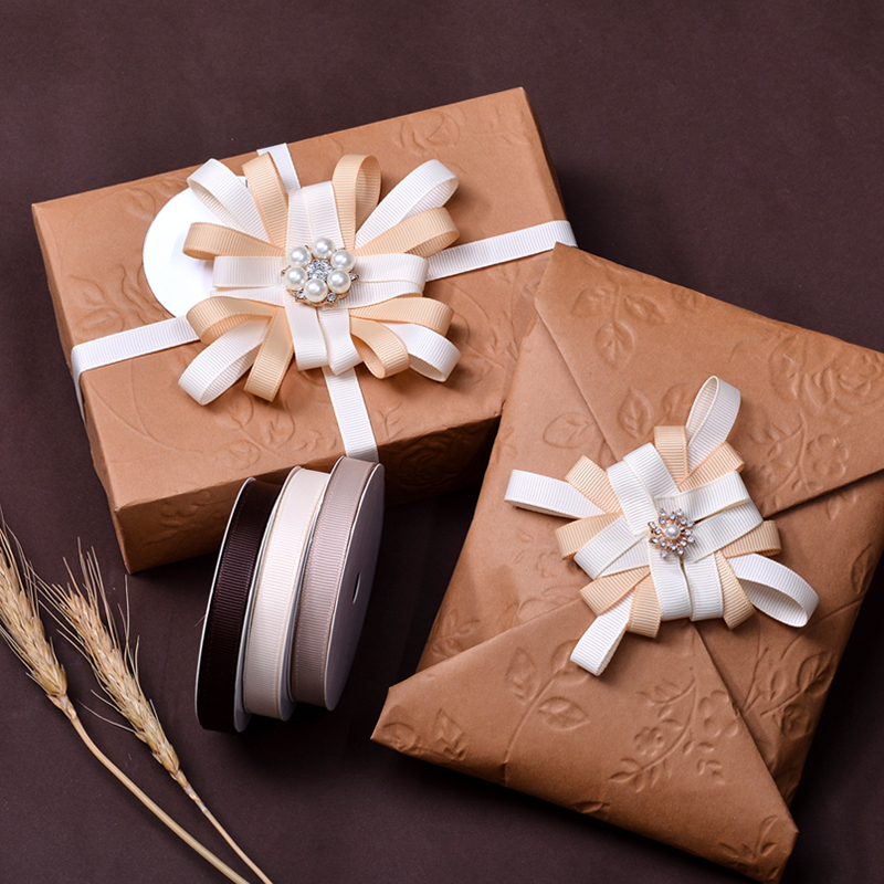 Ribest 9MM Champagne Polyester Grosgrain Ribbon for Bows Flower Packaging Wholesale 100Yard/Roll