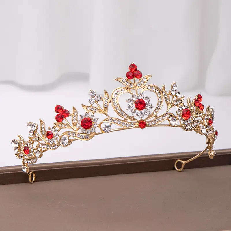 Corona de Cristal Dorado Accesorios Nupciales Para el Cabello Corona de Princesa Con Diamantes de Imitación Rojos Para Mujer Tiara Decorativa Retro Peine Para el Cabello