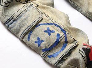 Jean slim vintage pour homme, taille mi-haute, délavage moyen, coupe droite, patchwork, confortable, style motard - Product Image 4