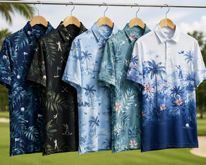 เสื้อโปโลพิมพ์ลายทรอปิคอลสำหรับผู้ชาย ระบายอากาศได้ดี แห้งเร็ว ผลิตจากโพลีเอสเตอร์ผสมสแปนเด็กซ์ น้ำหนักเบา ประสิทธิภาพสูง รับทำโลโก้ตามสั่ง OEM - Product Image 2