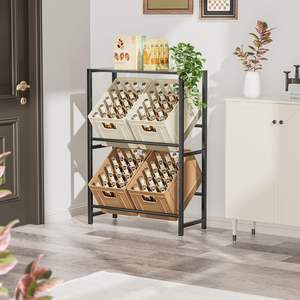 4 Boxes Black Metal Storage Rack Space-Saving 2-Level Beverage Shelf <strong>Drink</strong> <strong>Crate</strong> Stand for Living Room <strong>Drinks</strong> Water Storage - Product Image 4