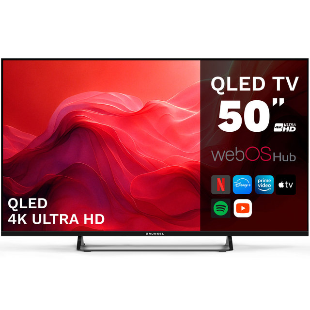 Grunkel QLED 50 Inch 4K Ultra HD WebOS Smart TV with Glass and App-Controlled Household Use