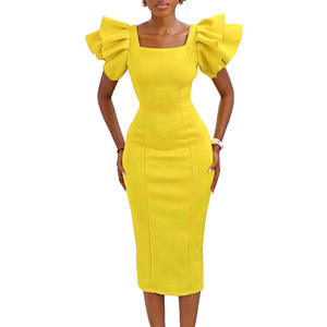 Robe de travail élégante unie pour femme, col carré, manches à volants, robe moulante bandage sexy et ajustée pour soirée et <span class=keywords><strong>club</strong></span> - Product Image 5