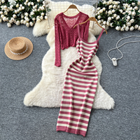 Ensemble deux pièces pour femme, cardigan en crochet à manches longues et robe moulante à bretelles spaghetti, pour le printemps et l'été