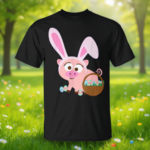 T-shirt unisexe à manches courtes et col rond avec impression numérique Happy Pig Bunny Ears Easter Eggs, idéal pour les activités promotionnelles pour enfants - Product Image 3
