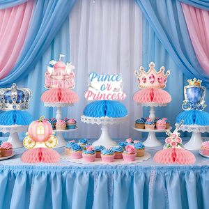 8 pièces Décorations <span class=keywords><strong>de</strong></span> centre <span class=keywords><strong>de</strong></span> table en nid d'abeille pour révélation du sexe Prince ou Princesse, roses <span class=keywords><strong>et</strong></span> bleues, avec motifs Château <span class=keywords><strong>et</strong></span> Couronne, pour garçon ou fille - Product Image 3