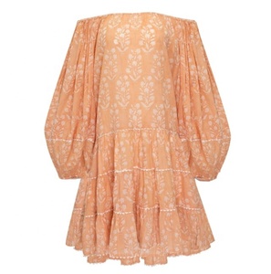 Peach Floral Print Elegant off Shoulder Bohemian Layer Dress with Small Scallop Trim Puff Sleeve 100% Cotton Party Wear Short - Product Image 3