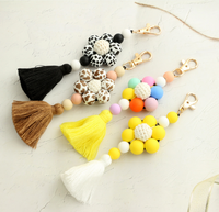 Porte-clés personnalisable en perles de silicone avec pompon, motif tournesol, vache, léopard, pendentif de sac en perles de silicone, pendentif de sac