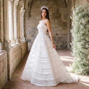 Vestido de Novia NT141 sin Tirantes con Cintas y Rayas, Apliques Florales 3D, Organza Transparente, Corte en A, Vestido de Noche para Novia Jancember - Product Image 1