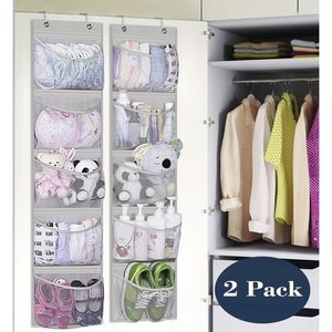 Organisateur de porte à 5 poches en tissu gris clair pour placard, chambre et salle de bain, rangement de rangement avec crochets pour un rangement bien organisé - Product Image 2