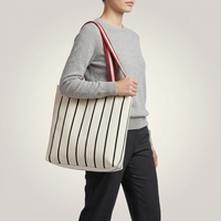 Sac fourre-tout en toile à rayures noires avec logo personnalisé, impression haute visibilité, sac à bandoulière réutilisable pour événements promotionnels et cadeaux d'entreprise