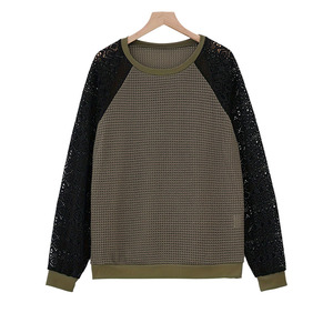 <span class=keywords><strong>Camiseta</strong></span> de Moda Otoño-Invierno para Mujer, Color Sólido, con Encaje, Cómoda, Versátil, Cuello Redondo, Diseño Calado - Product Image 3