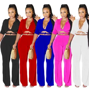 Fashion women's solid color 2 pieces pants set with mid-sleeve crop top shirts with wide-leg pant