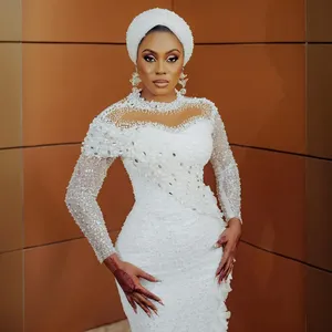 Vestidos de Novia Sirena Talla Grande Aso Ebi, Vestidos de Novia con Cuello Alto, <span class=keywords><strong>Lentejuelas</strong></span>, Encaje y Perlas Decorativas para Bodas Africanas - Product Image 3