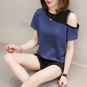 Vêtements pour femmes Mode d'été Casual Patchwork All-match Color Blocking O-neck Female Off Shoulder Appear Thin Short Sleeve Tops - Product Image 1