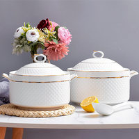Offre Spéciale – Pot à Soupe en Céramique de Luxe Doré à Double Anse avec Couvercle – Petit Pot en Céramique pour Servir – Vente en Gros