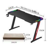 Grand bureau de jeu RVB moderne E-sports avec lumière LED Table de jeu ergonomique noire pour ordinateur avec crochet pour casque d'écoute pour joueur