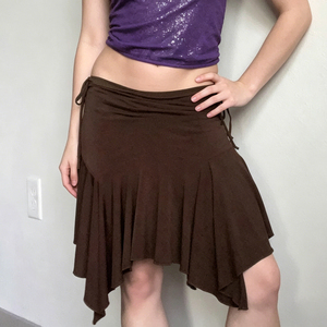 Vintage Forest Style Low Rise Ruched Tie Front Asymmetrical Hem Mini Skirt Bodycon Stretchy Flattering Casual Skirt - Product Image 4