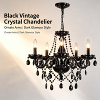 Lustre vintage noir en cristal avec bras ornés, lumière sombre glamour pour salle à manger, chambre à coucher, hall d'hôtel