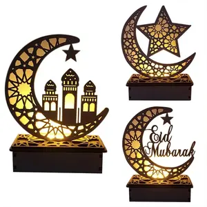 Ramadan Mubarak Eid Decorations Wooden Moon Star with LED Lights Table Top Ornaments for Home Party Supplies Y710
