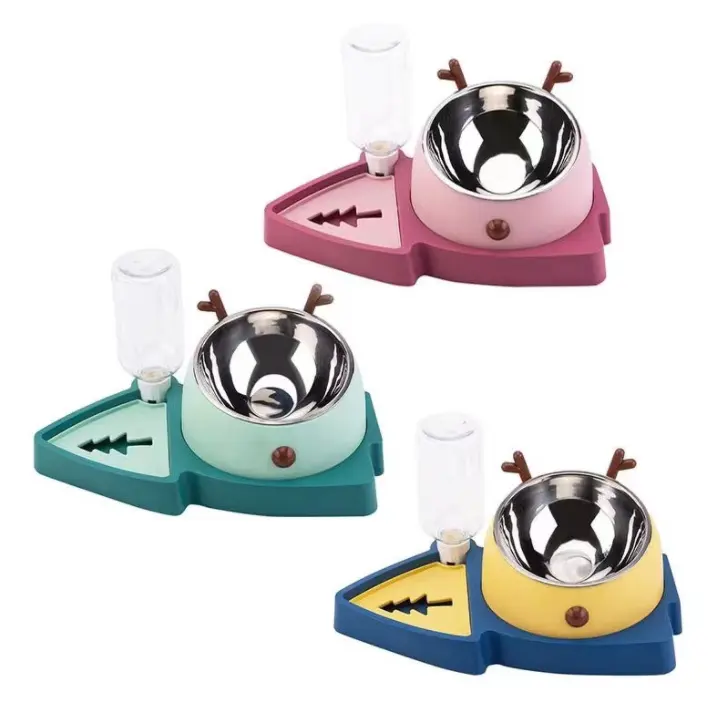 Vendita calda all'ingrosso di buona qualità tipo di natale in acciaio inox pet cat dog feeder water bowl con bottiglia