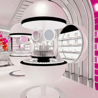 Stand d'exposition LED personnalisé pour cosmétiques futuristes, présentoir sphérique pour soins de la peau, comptoir de maquillage, design complet pour boutique de beauté