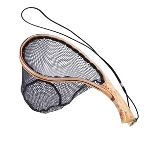 HONOREAL High Quality Rubber Mesh Landing Net with 35cm Length 20cm Depth 116g Weight Crooked Wooden Handle for Fly Fishing