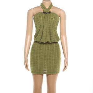 Viviblook Z327DS01 Women Summer Dress New Casual Sexy Street Solid Color Sleeveless Halter <b>Mini</b> Bodycon Dress - Product Image 2