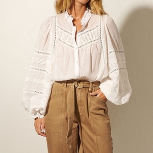 OEM Primavera Verano suelta de manga larga blusas de mujer de algodón de lino Oficina <span class=keywords><strong>blanco</strong></span> botón Tops Casual Stand Down cuello de talla grande camisa - Product Image 1